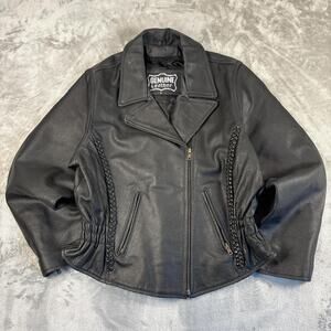 black genuine leather women's motorcycle jacket with braided detailing